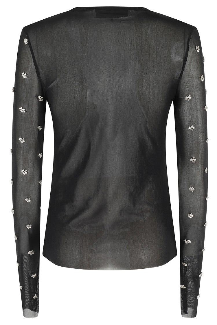 Tela Sheer Long-Sleeve Sweater With Rhinestone Embellishments