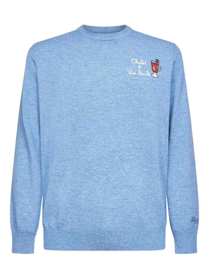 Mc2 Saint Barth Light Blue Ribbed Crewneck Sweater With Embroidered Design
