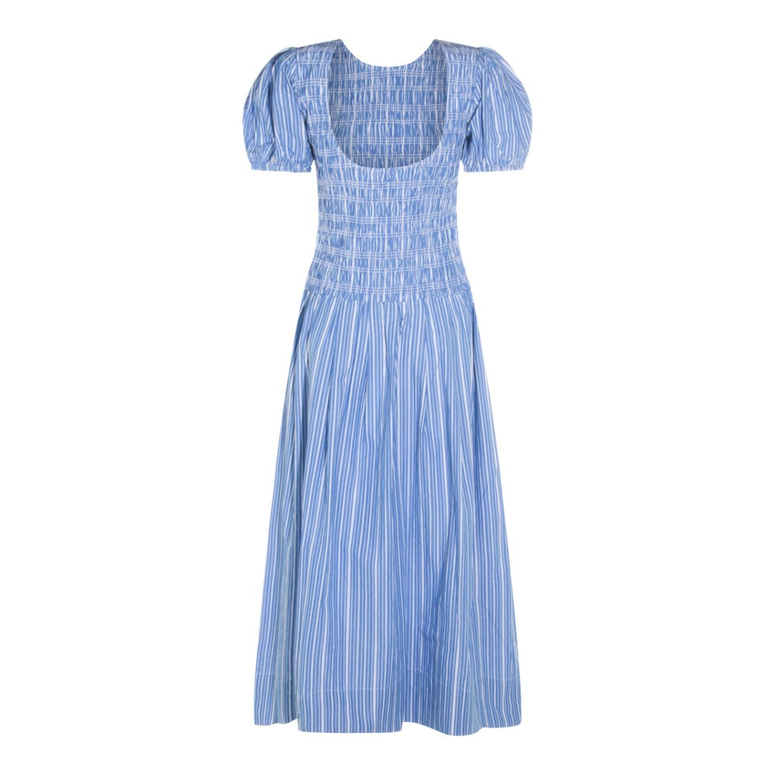 Ganni Blue Striped Cotton Maxi Dress With Smocked Bodice