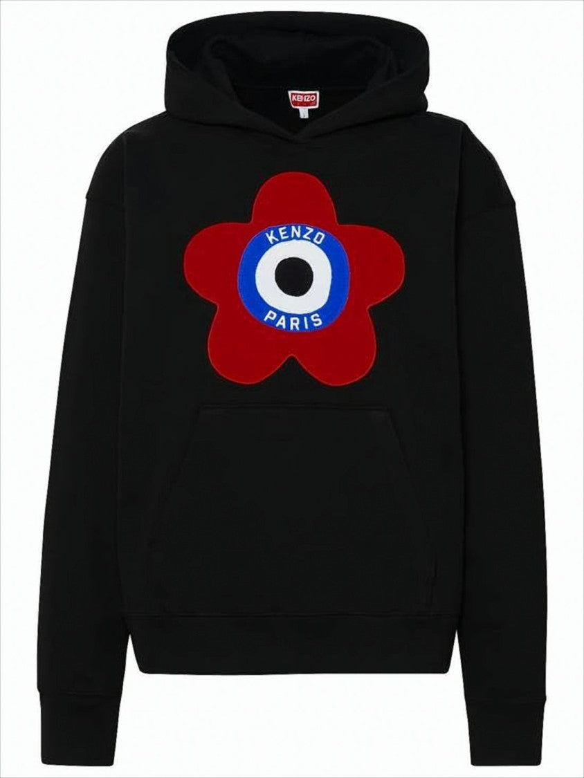 Kenzo Cotton Blend Black Hoodie With Bold Floral Emblem