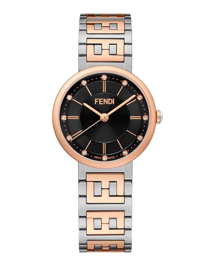 Fendi Two-Tone Bracelet Watch With Black Opalin Dial And Rose Gold Case