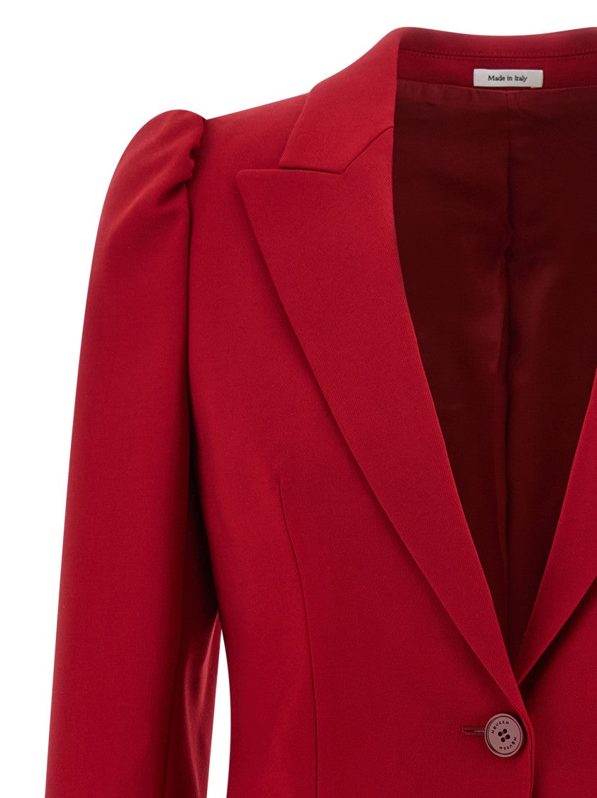 Mcqueen Single-Breasted Grain De Poudre Blazer With Peak Lapels And Puffed Shoulders