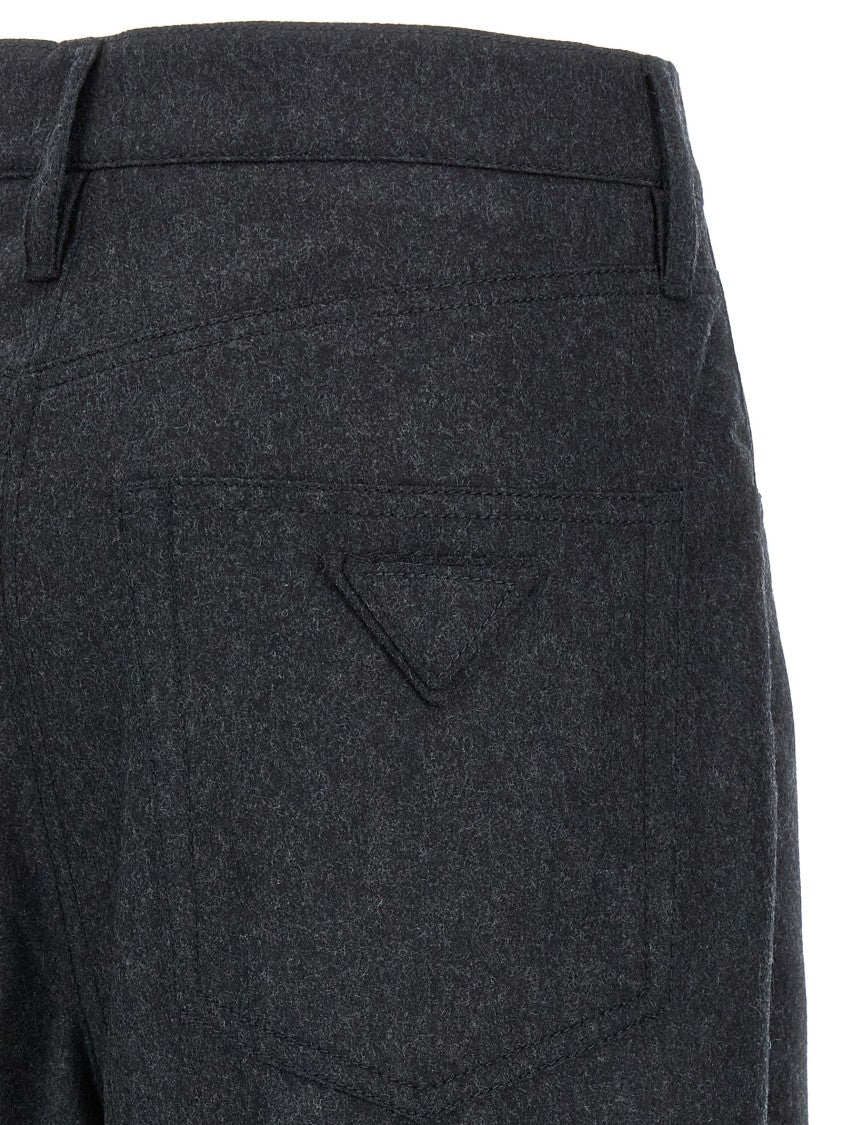 Prada Wide-Leg Wool Flannel Trousers With Stretched Pleat Detail