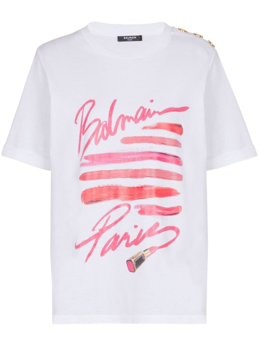 Balmain White Graphic Print Button Detail Top