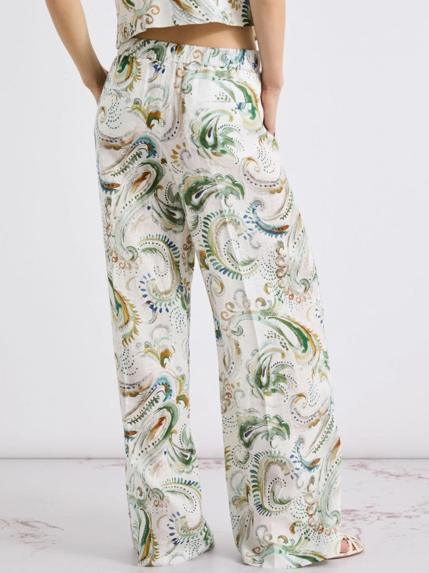 Marella Neutral Mlldomino Patterned Wide-Leg Linen Pants