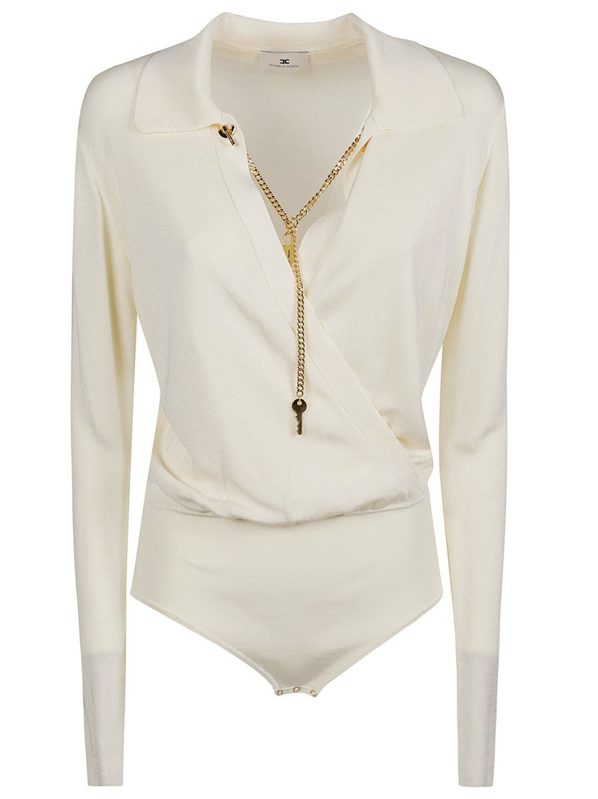 Elisabetta Franchi Long Sleeve V-Neck Bodysuit With Elegant Gold Chain Detail