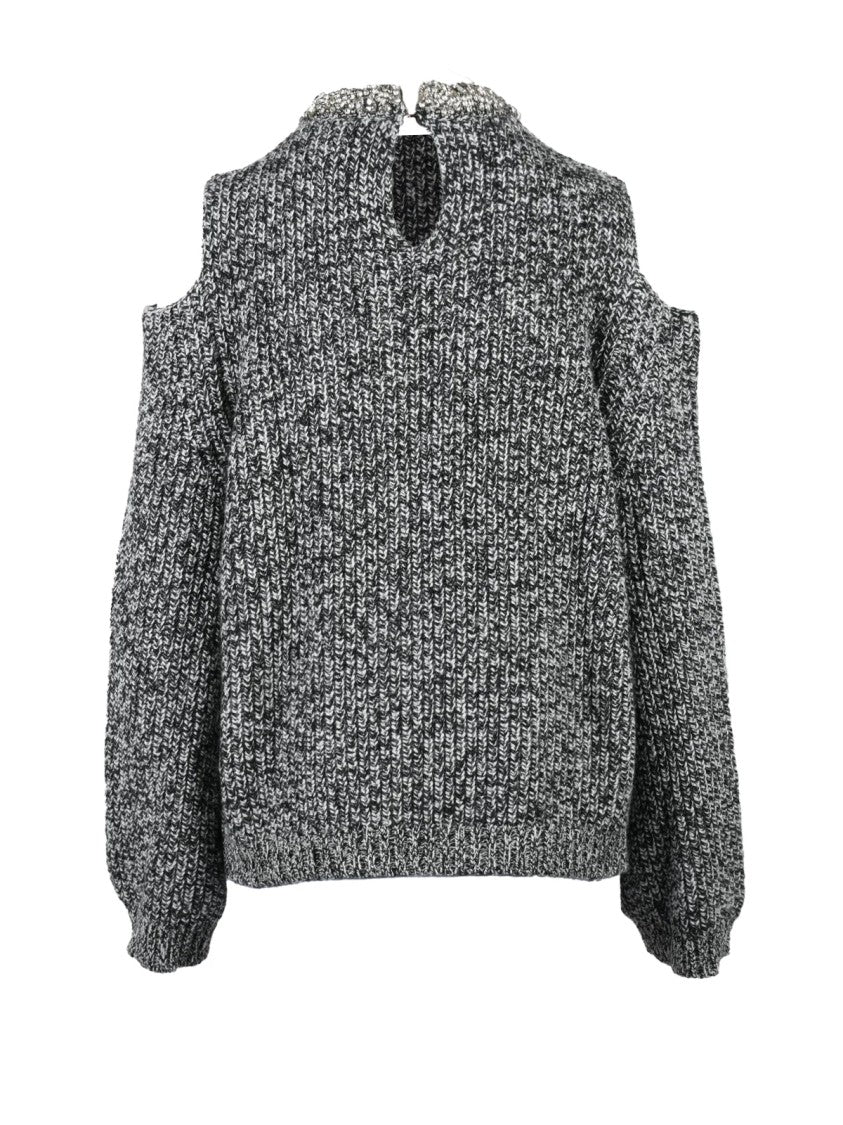 Circus Hotel Marled Grey And Black Chunky Knit Sweater With Shoulder Slits
