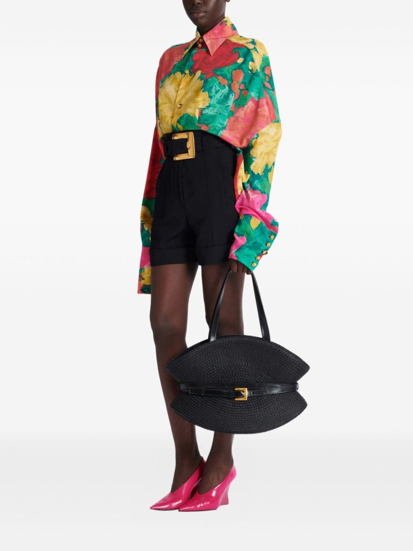 Balmain Black Sculptural Calfskin Gold Buckle Bag
