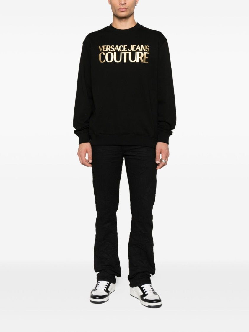 Versace Jeans Couture Black Cotton Sweatshirt With Metallic Gold Logo