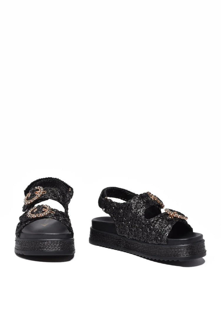 Emanuélle Vee Black Raffia Rubber Sole Wedge Sandal