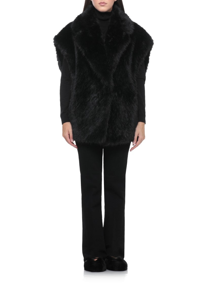 Stand Studio Plush Faux Fur Sleeveless Jacket With Classic Lapel Collar