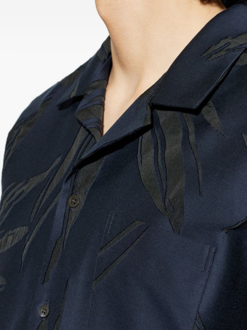 Dries Van Noten Blue Leaf Pattern Camp Collar Shirt
