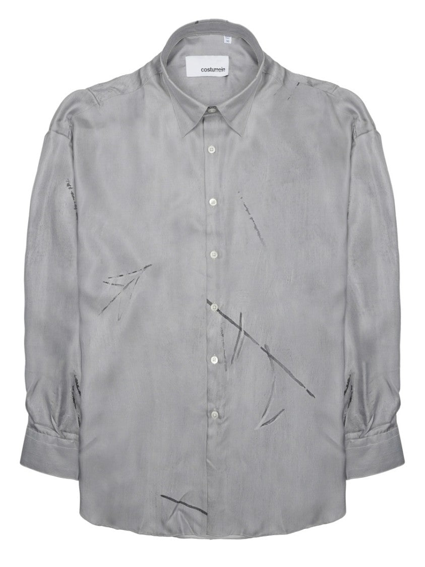Costumein Long-Sleeved Grey Silk Shirt With Abstract Patterns