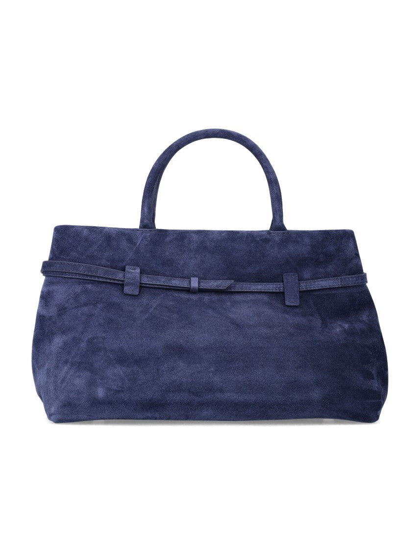 Manu Atelier Structured Blue Suede Handbag With Elegant Design And Functional Features