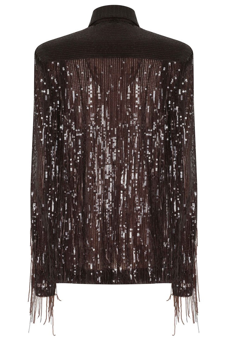 Federica Tosi Brown Sequin Fringe Classic Collar Shirt