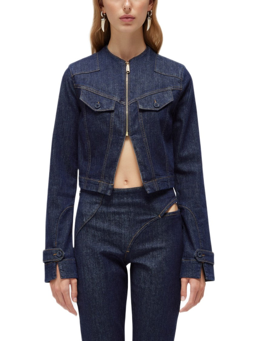 Blugirl Cropped Denim Jacket With Korean Collar And Tailored Details
