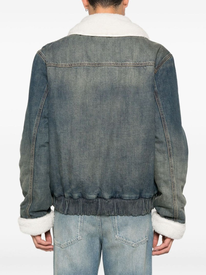 Balmain Blue Denim Shearling Collar Zip Jacket