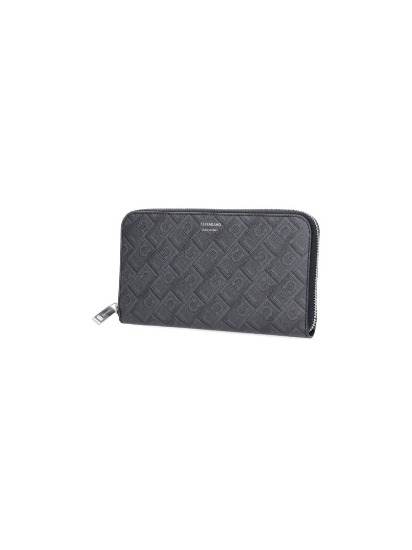 Ferragamo Black Central Zip Leather Wallet
