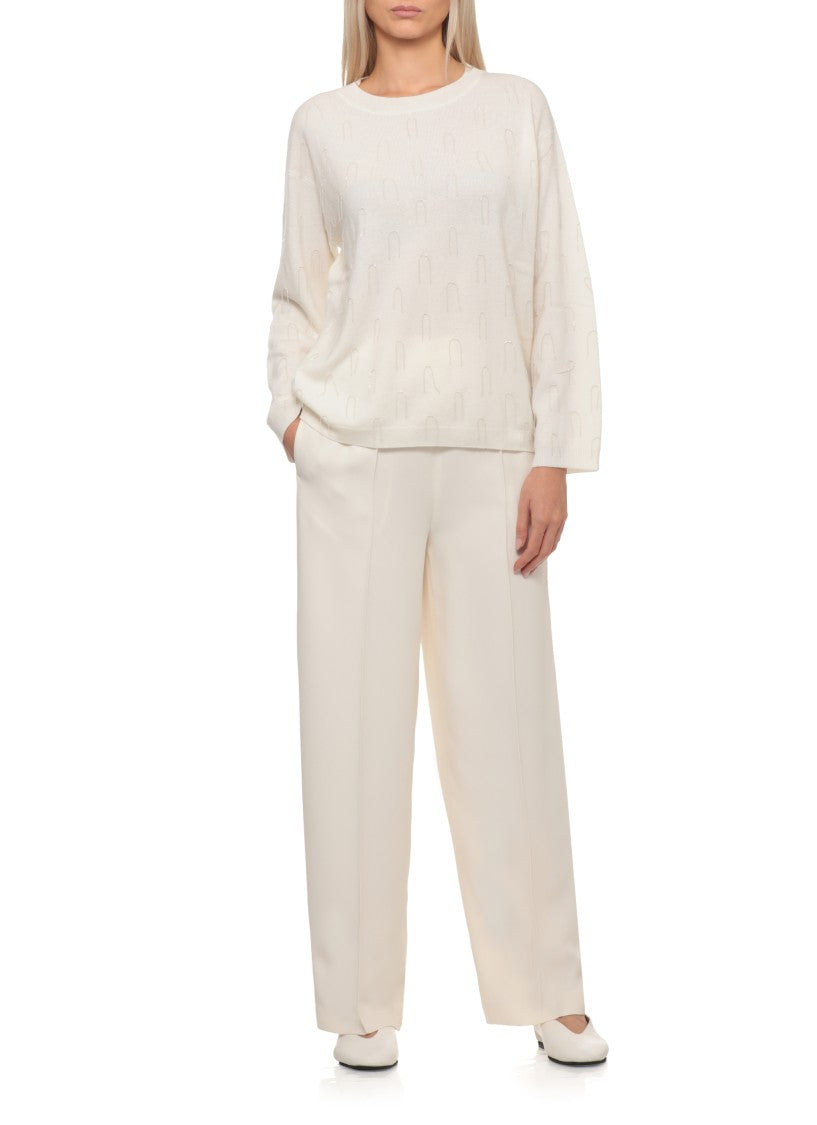 Fabiana Filippi Ivory Wool Blend Sweater With Ribbed Trims And Point Detail