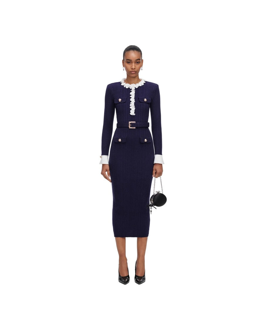 Self-Portrait Navy Knit Flower Ribbed Floral Belted Midi Dress