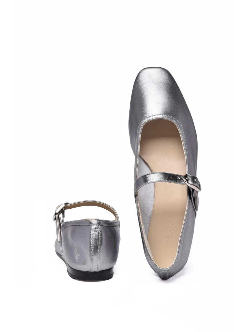Le Monde Béryl Silver Slim Buckle Leather Flats