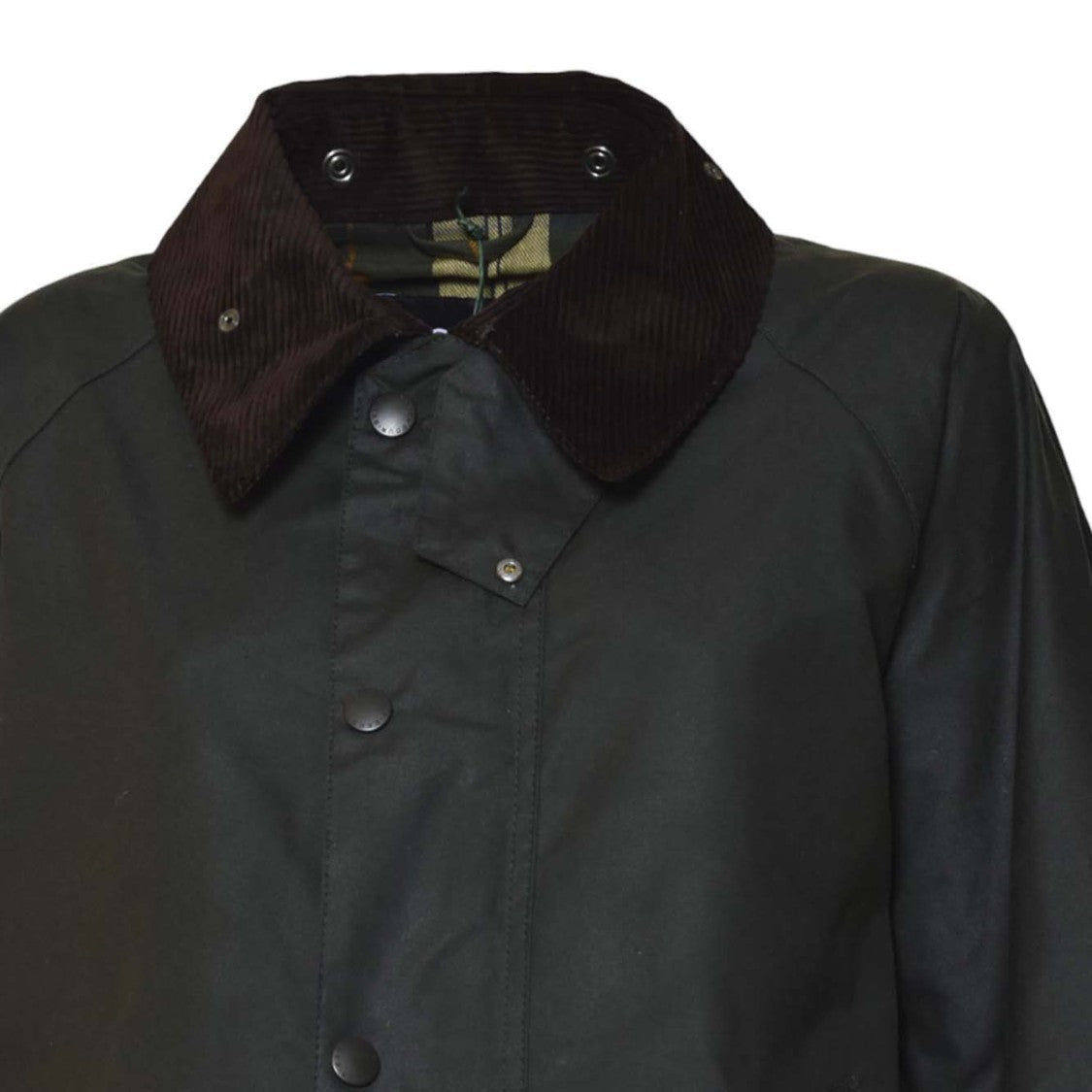 Barbour Waxed Green Coat With Brown Corduroy Collar And Tartan Lining