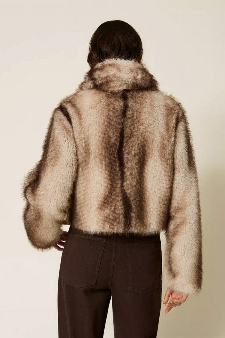 Twin-Set Brown Wide Notch Collar Faux-Fur Polyester Jacket