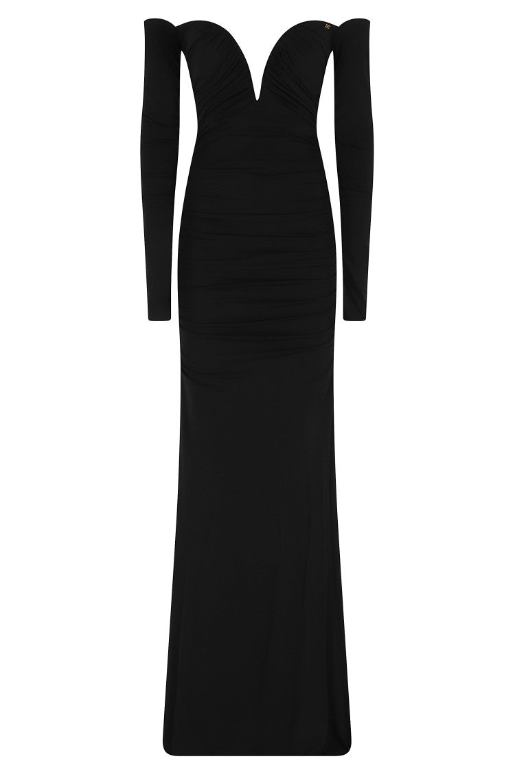 Elisabetta Franchi Black Long Thick-Draped Viscose-Blend Evening Dress