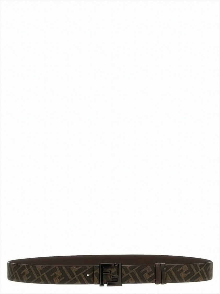 Fendi Dark Brown Calfskin Leather Belt With Monogram Pattern And Logo Buckle