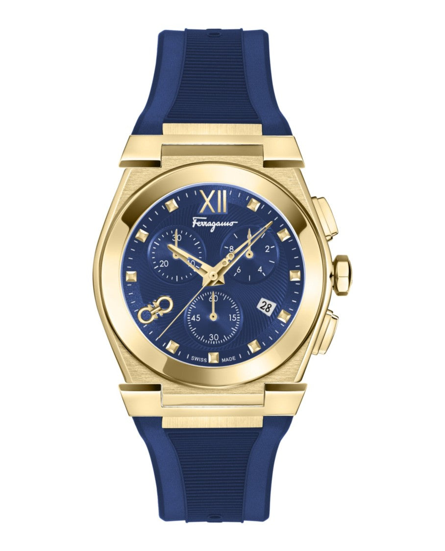 Ferragamo Vega Chrono Silicone Watch With Blue Guilloche Dial