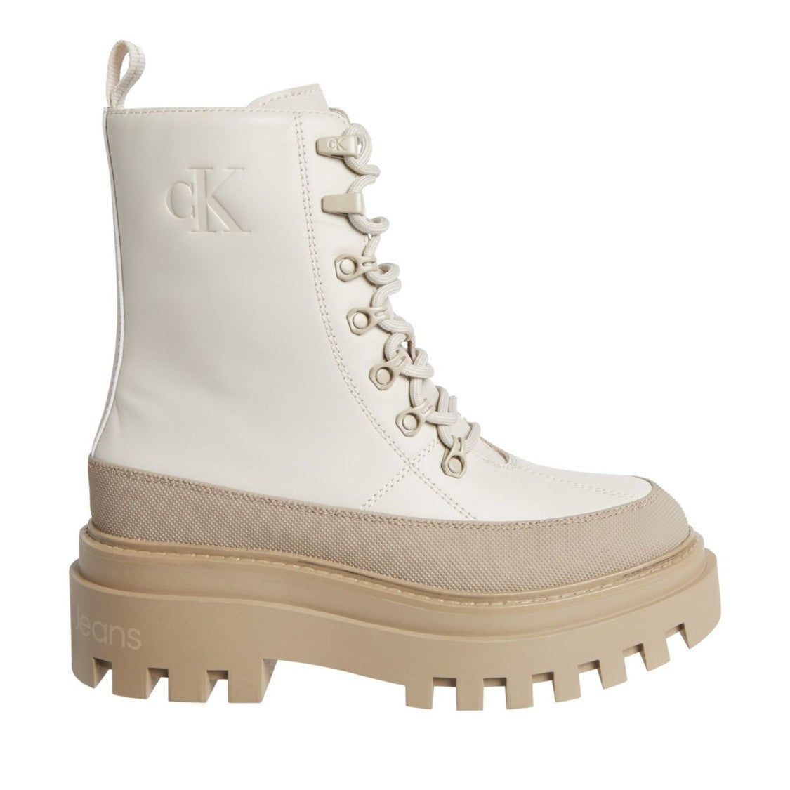 Calvin Klein Jeans Beige Chunky Flatform Leather Ankle Boots