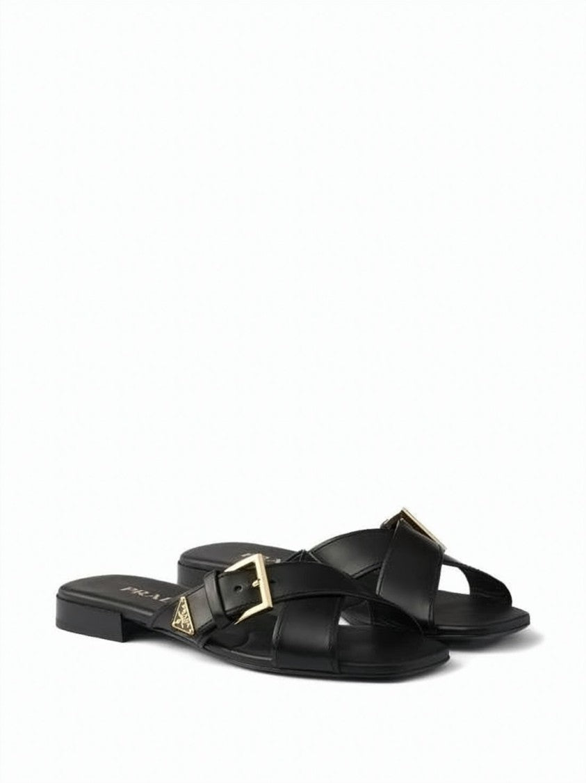 Prada Calf Leather Flat Mule Sandal With Gold-Tone Detailing
