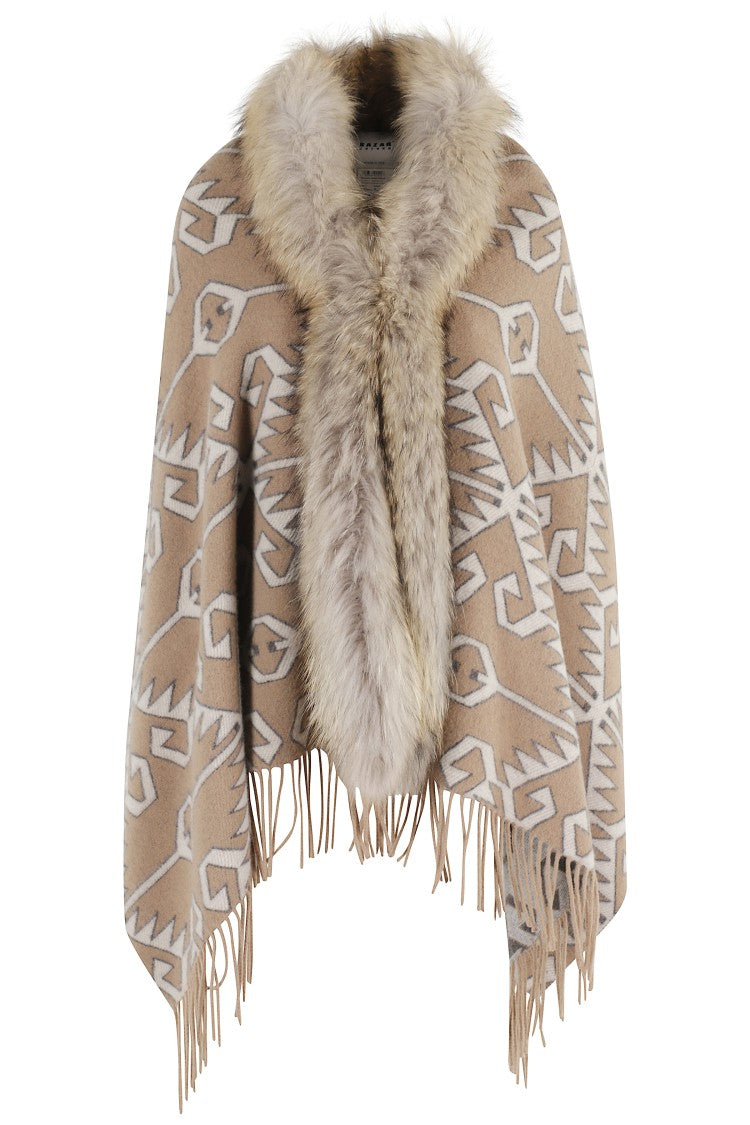 Bazar Deluxe Geometric Printed Wool Poncho With Eco Fur Collar