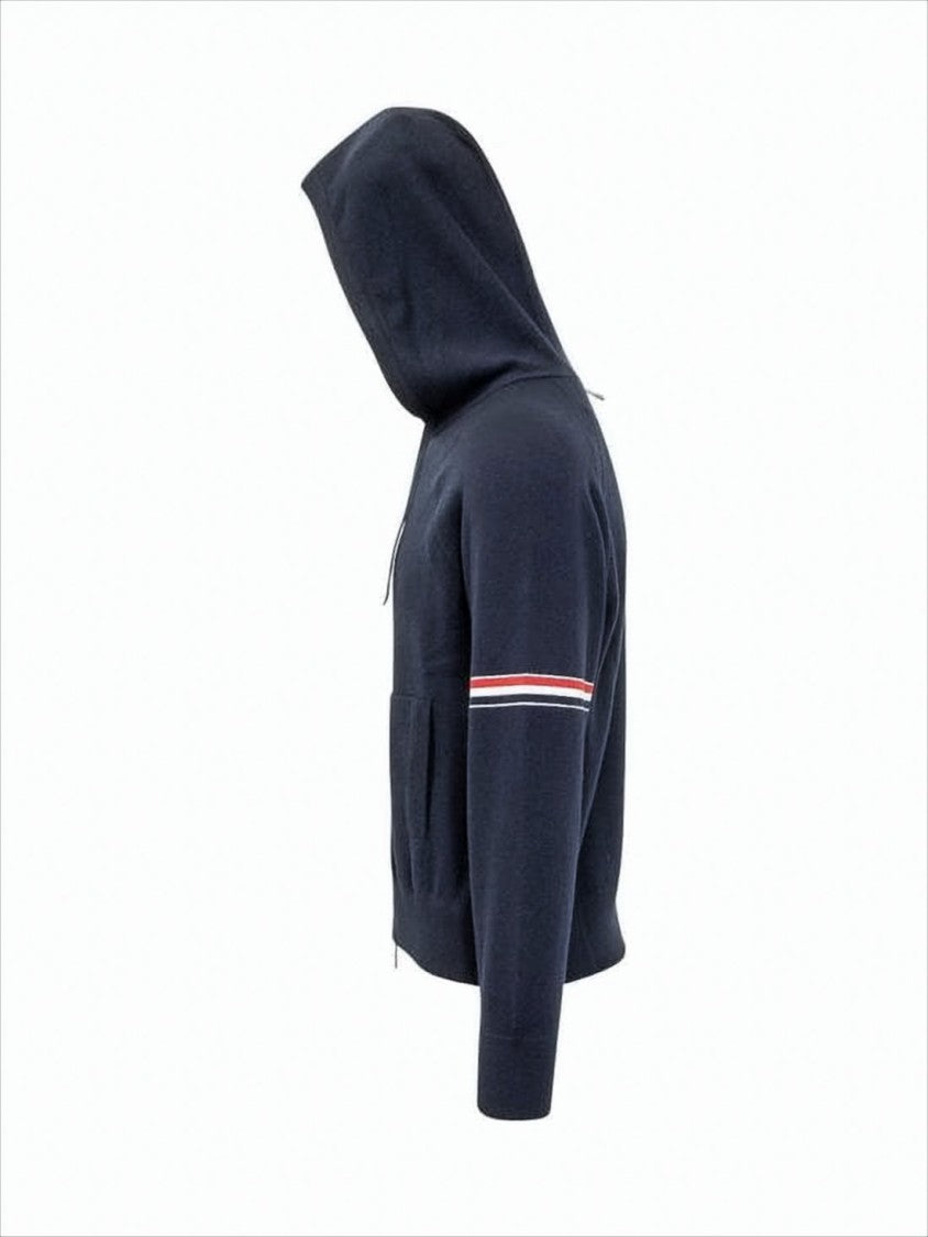 Thom Browne Navy Blue Cashmere Hooded Jacket With Ribbed Cuffs