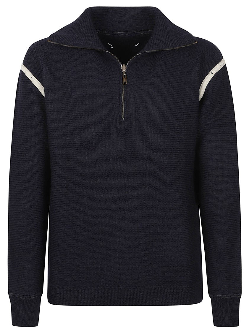 Maison Margiela Textured Knit Sweater With Half-Zip Collar And Denim Accents