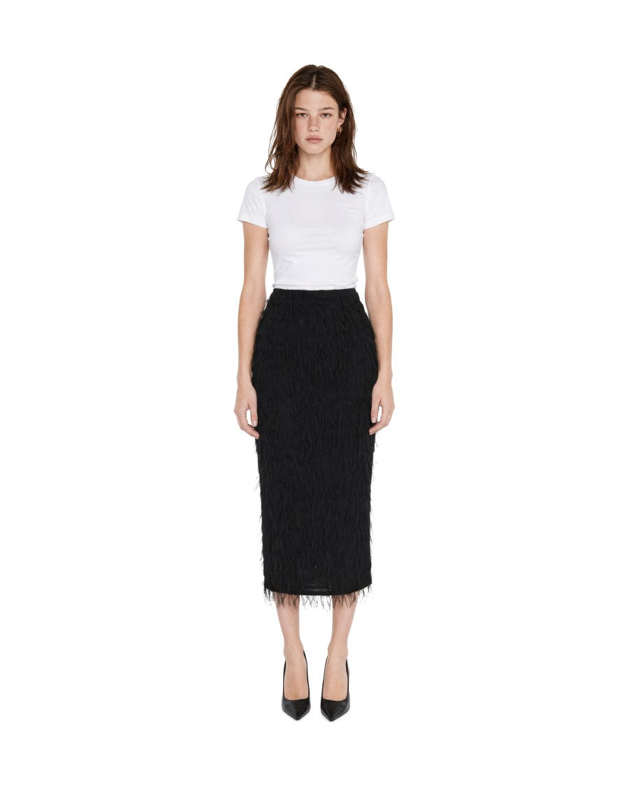 Patrizia Pepe Fringed Black Midi Skirt With Smooth Waistband