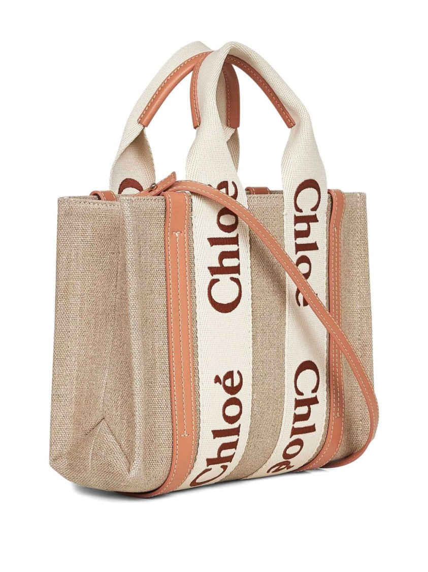 Chloé Structured Linen And Leather Handbag With Bold Branding