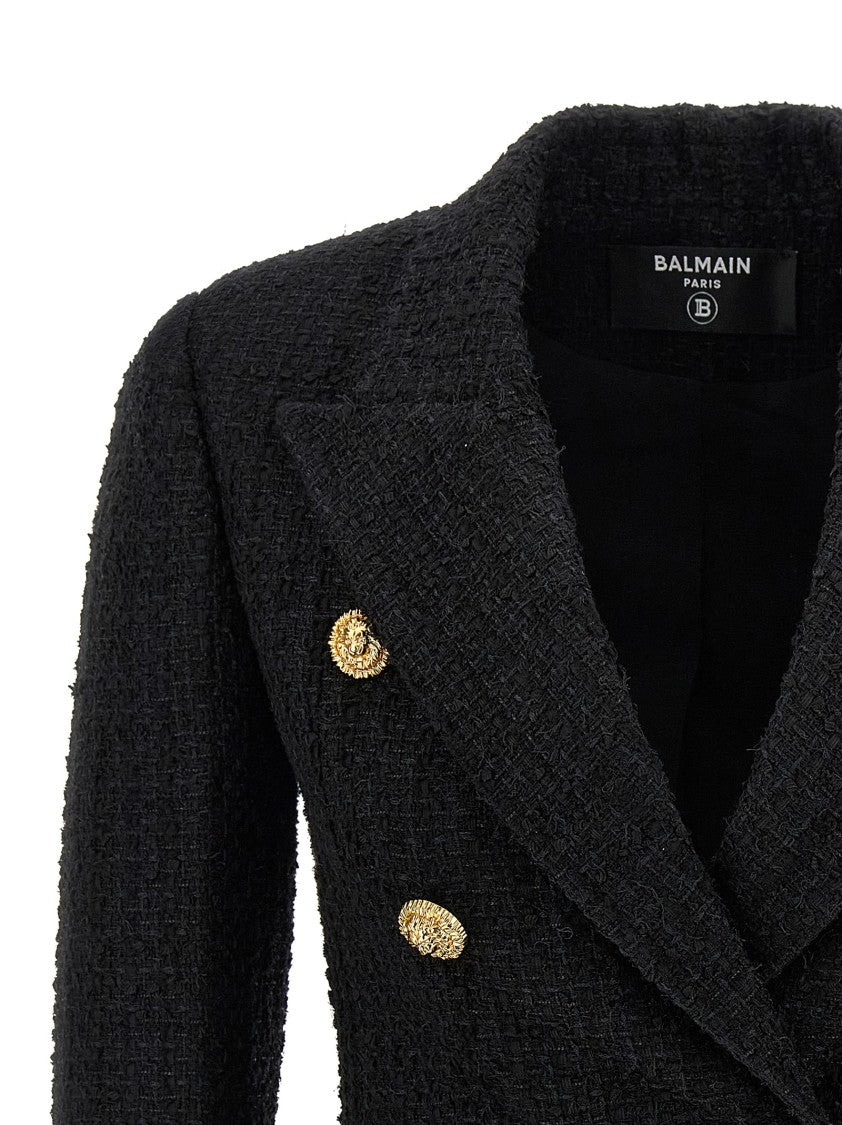 Balmain Double-Breasted Tweed Blazer With Metal Closure And Asymmetric Hem
