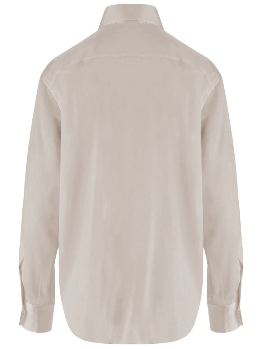 Her Shirt Beige Classic Collar Curved Hem Stretch Silk Shirt