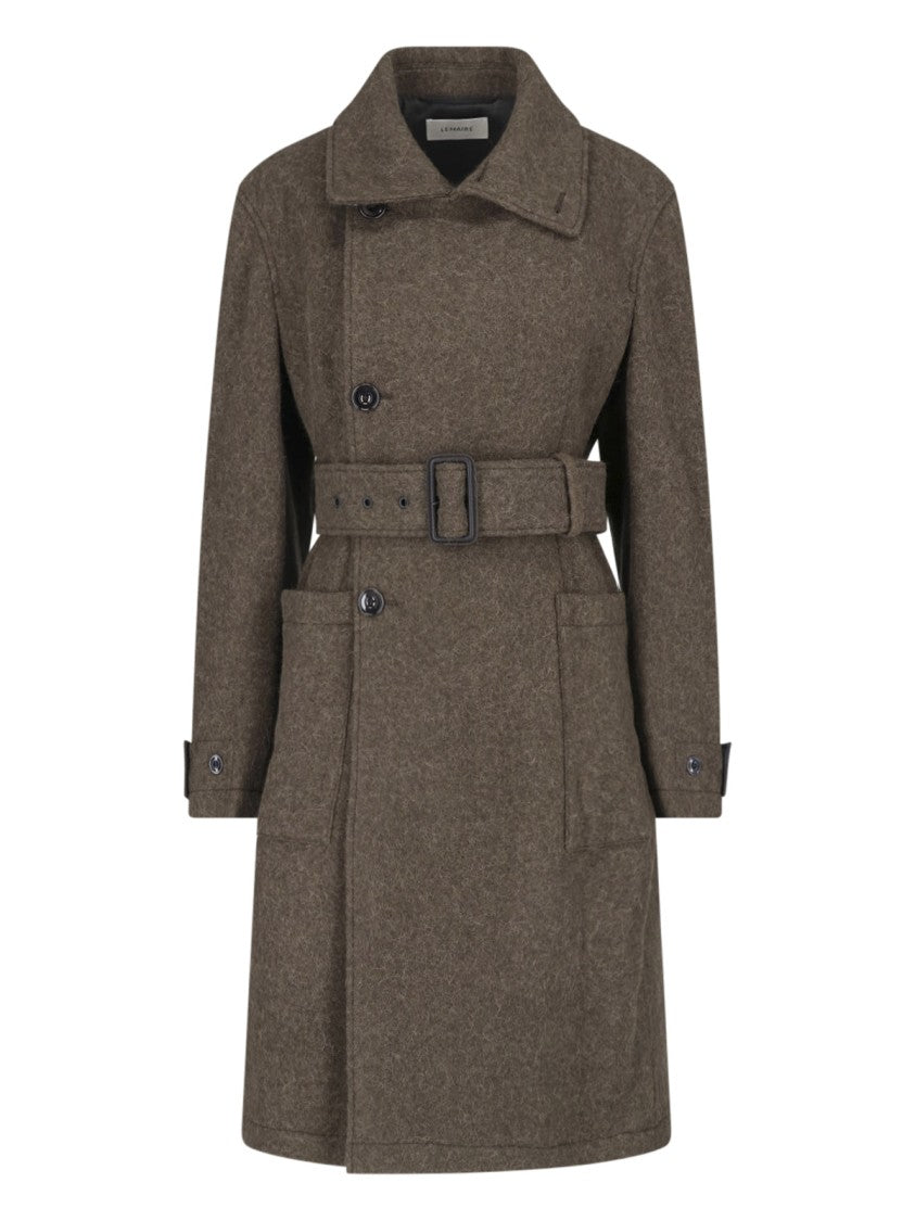Lemaire Classic Collar Belted Brown Wool Coat