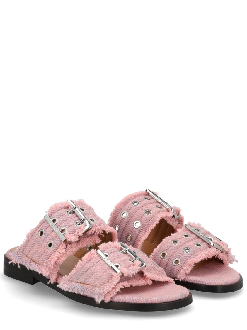 Ganni Neutrals Wide Buckled Straps Cotton Sandals