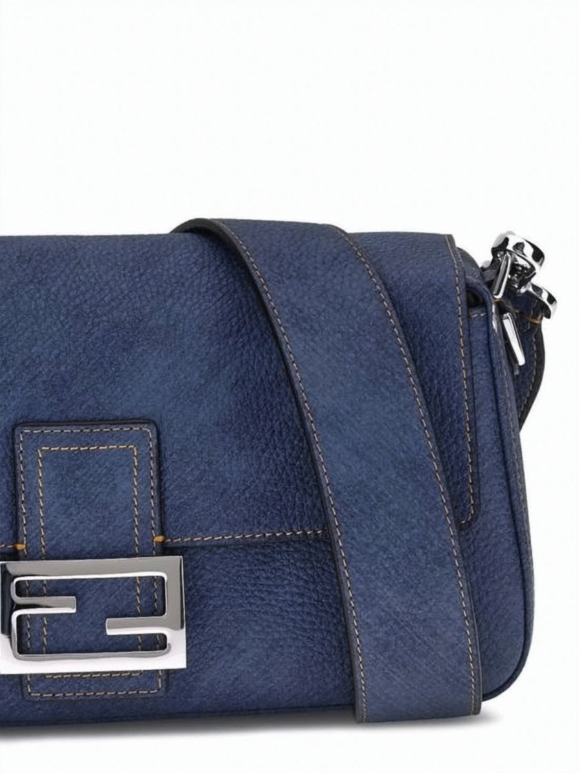 Fendi Denim Effect Calf Leather Shoulder Bag With Adjustable Strap