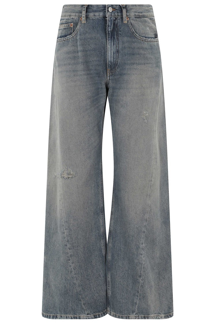 Mm6 By Maison Margiela Denim Blue Distressed Wide-Leg Cotton Jeans