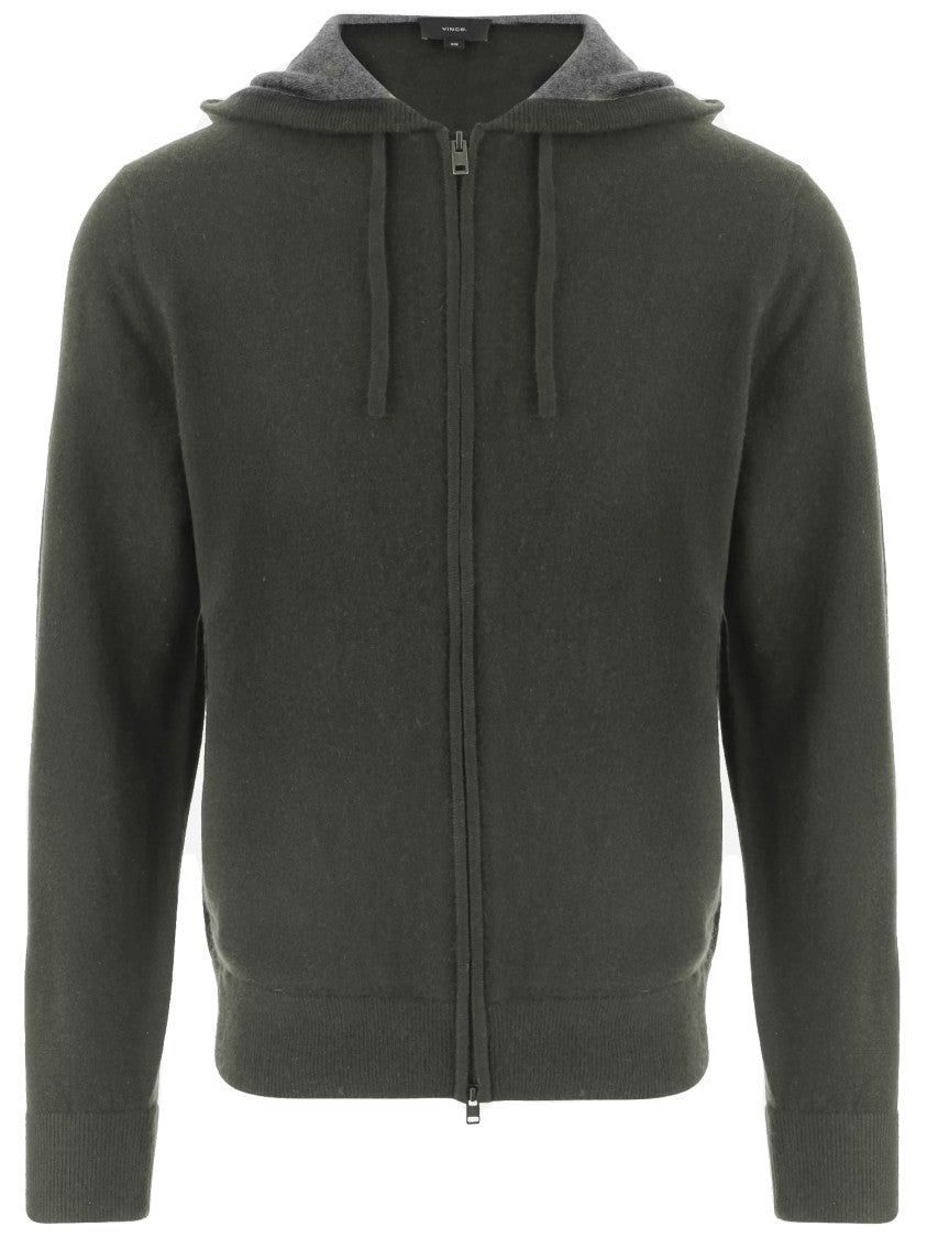 Vince Dark Green Drawstring Zip-Up Cashmere Hoodie