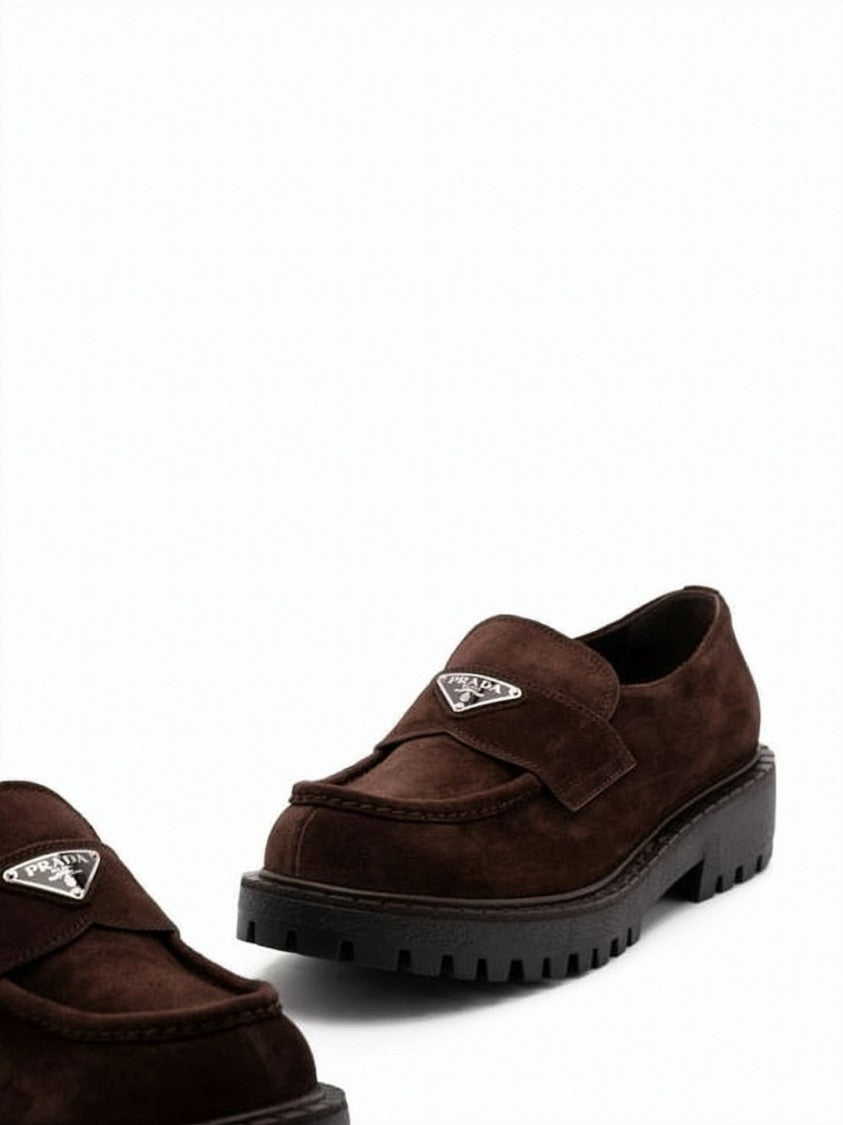 Prada Chunky Sole Dark Brown Suede Loafers With Triangular Emblem