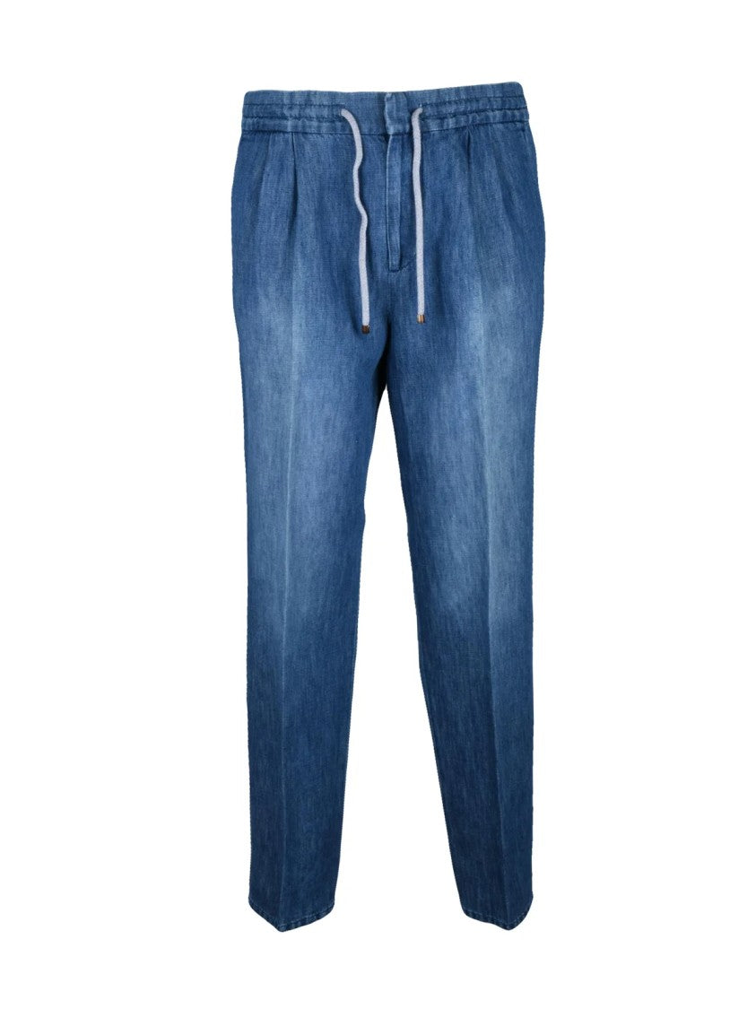 Brunello Cucinelli Blue Relaxed Elastic Waistband Cotton-Linen Jogger Jeans