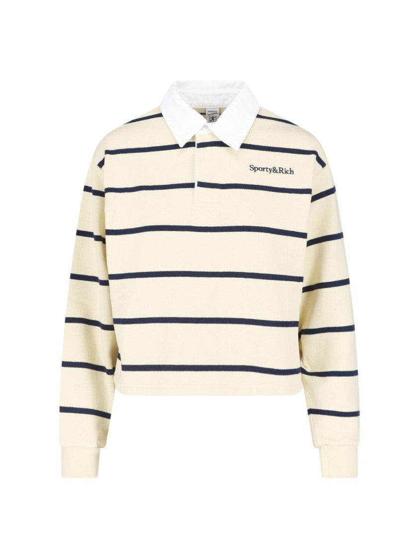 Sporty And Rich Cropped Sweater With Navy Stripes And Classic Collar
