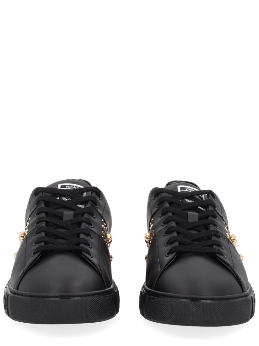 Versace Calf Leather Low-Top Sneakers With Gold Medusa Head Embellishments