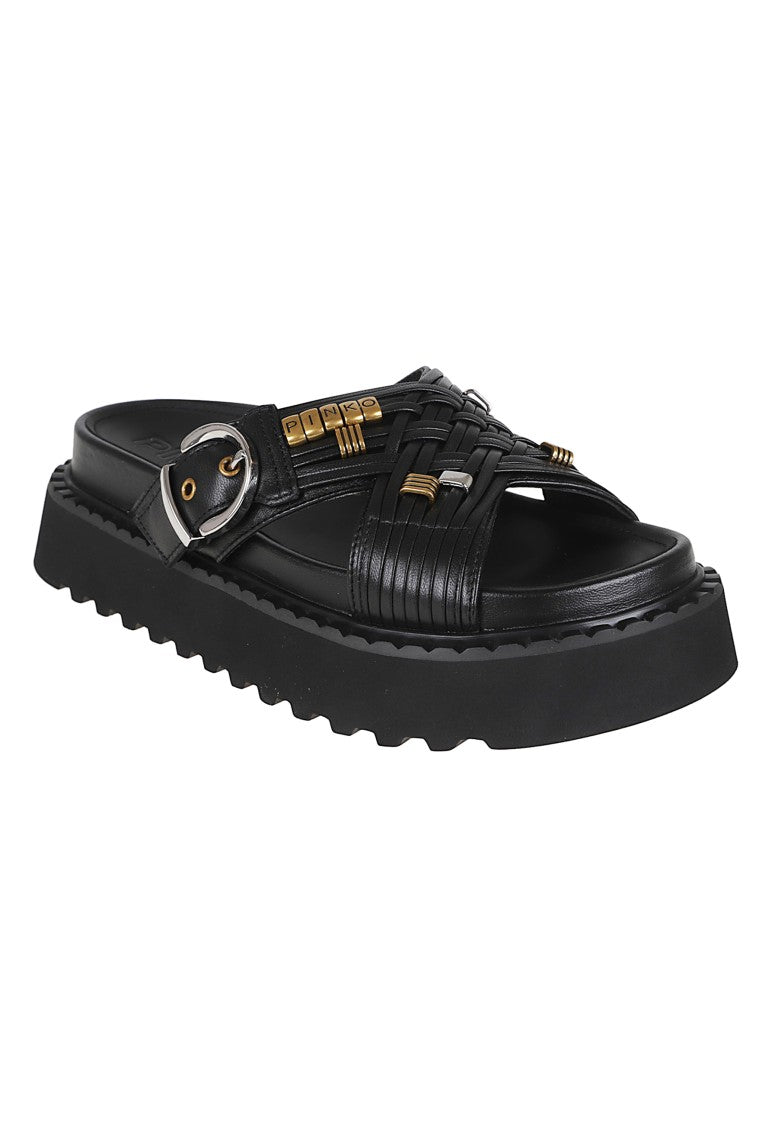 Pinko Nappa Leather Slide Sandal With Woven Straps And Buckle Accents