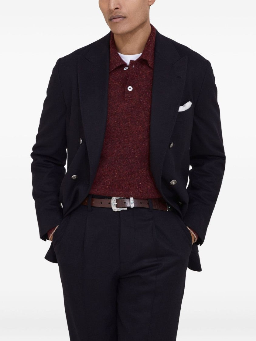 Brunello Cucinelli Burgundy Polo Collar Sweater With Speckled Texture